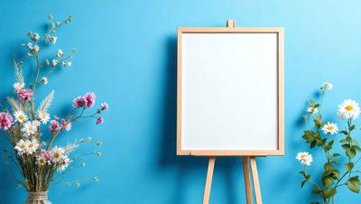 The primary subject of the image is a whiteboard or canvas, which is placed on a wooden frame. The setting is a blue wall, creating a contrasting backdrop. The visual style is a combination of a photo and a drawing, giving the image a unique and artistic appearance. The colors and mood of the image are predominantly blue, creating a calm and serene atmosphere.