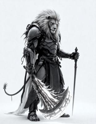 Primary subject: A lion-like creature with a sword.

Setting/background: A white background.

Visual style: Digital art.

Colors and mood: The lion-like creature is gray and black, giving it a menacing appearance.