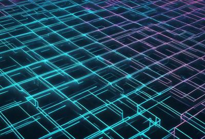 The primary subject of the image is a blue and purple grid pattern. The setting is a dark background, which contrasts with the bright colors of the grid pattern. The visual style is a digital art or illustration, as the grid pattern appears to be a digital creation. The colors and mood of the image are vibrant and energetic, with the blue and purple hues creating a sense of depth and dimension.
