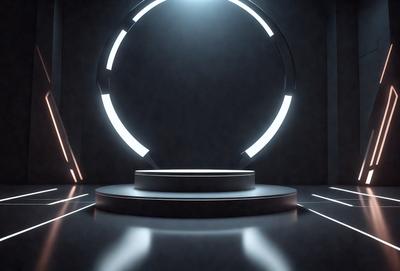 The primary subject of the image is a large, circular object with a light shining on it. The setting is a dark room, and the visual style appears to be a combination of photo and digital art. The dominant colors are black and white, with the light source creating a contrasting effect. The overall atmosphere of the image is mysterious and intriguing.