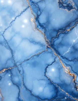 The primary subject of the image is a blue marble wall with a gold streak. The setting is a room with a blue marble floor. The visual style is a photo of the marble wall and floor. The dominant colors are blue and gold, creating a luxurious and elegant atmosphere.
