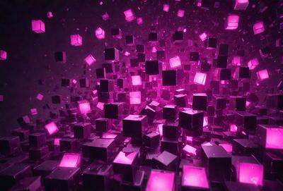 The primary subject of the image is a large number of pink cubes or squares, which are arranged in a visually striking manner. The setting appears to be a dark or purple background, which contrasts with the bright pink cubes. The visual style of the image is a combination of digital art and illustration, creating a unique and eye-catching pattern. The dominant colors in the image are pink and purple, giving the scene a vibrant and energetic atmosphere.