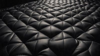 The primary subject of the image is a black mattress with a patterned surface. The setting is a dark room, and the visual style appears to be a close-up of the mattress. The colors and mood of the image are predominantly dark, with the black mattress being the main focus.