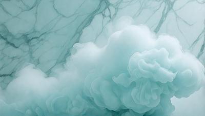 The primary subject of the image is a cloud, which is floating in the sky. The cloud is surrounded by a marble surface, giving the scene a unique and artistic visual style. The colors in the image are predominantly blue, which contributes to a calm and serene atmosphere.
