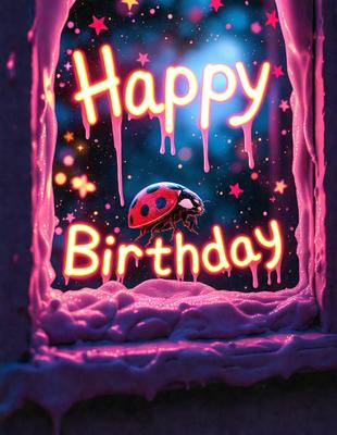 The primary subject of the image is a happy birthday sign. The setting is a pink background, which adds a cheerful and festive atmosphere to the scene. The visual style is a digital art or illustration, as the sign is created with a computer or digital tools. The colors and mood are predominantly pink, which is associated with celebration and joy.