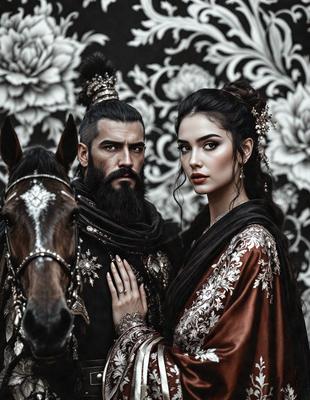 The primary subject of the image is a man and a woman standing next to each other. The man is wearing a beard and has a stern look on his face. The woman is wearing a long red dress and has a smiling expression. The setting is a room with a wallpapered wall, and the visual style appears to be a photo. The colors in the image are predominantly red and black, creating a dramatic and intense atmosphere.