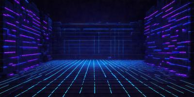 The primary subject of the image is a futuristic, blue-lit room with a purple backdrop. The setting appears to be a futuristic cityscape, possibly a nightclub or a futuristic space. The visual style of the image is a combination of digital art and illustration, creating a unique and captivating atmosphere. The dominant colors in the image are blue and purple, which contribute to the futuristic and otherworldly mood of the scene.