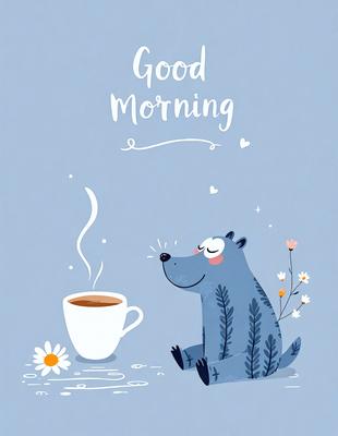 The primary subject of the image is a cute cartoon bear sitting on the ground, holding a cup of coffee. The setting is a blue background, which adds to the overall mood of the scene. The visual style is a combination of digital art and illustration, creating a whimsical and playful atmosphere. The colors are predominantly blue and white, with the bear being blue and the coffee cup being white.