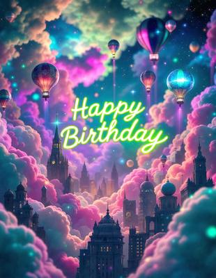 Happy Birthday: [The main object, scene, or focus of the image is a birthday celebration, with a colorful and vibrant atmosphere.]

Setting/background: [The environment, backdrop, or surface visible in the image is a colorful, cloudy sky, with a cityscape in the background.]

Visual style: [The image is a digital art or illustration, featuring a happy birthday message and a lively, colorful scene.]

Colors and mood: [The dominant colors in the image are pink, purple, and blue, creating a cheerful and celebratory mood.]