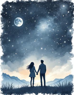 The primary subject of the image is a man and a woman standing together under a night sky. They are holding hands, and the woman is wearing a white dress. The setting is a grassy field, and the visual style is a painting or drawing. The colors and mood of the image are serene and romantic, with the couple enjoying a peaceful moment under the stars.