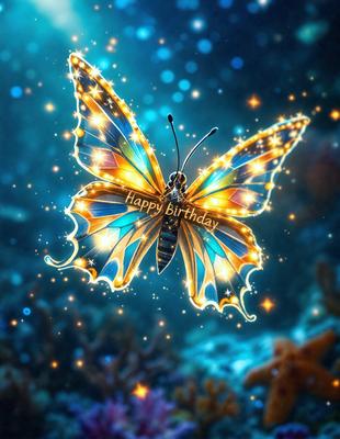 The primary subject of the image is a colorful butterfly, which is the main focus of the scene. The butterfly is flying in front of a blue background, which adds to the overall visual style of the image. The colors and mood of the image are vibrant and lively, with the butterfly's bright colors and the blue background creating a cheerful atmosphere.