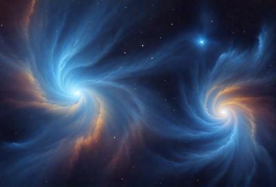 The primary subject of the image is a blue spiral pattern, which is the main object, scene, or focus of the image. The setting or background of the image is a night sky, with stars visible in the background. The visual style of the image is digital art, as it appears to be a digital illustration or drawing. The dominant colors in the image are blue and orange, creating a vibrant and lively atmosphere.