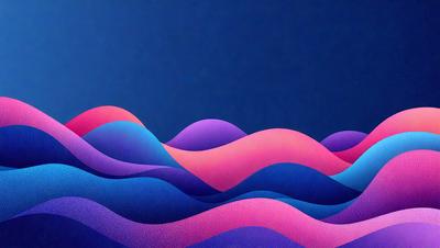 The primary subject of the image is a colorful, abstract wave pattern. The setting is a dark blue sky, which serves as the backdrop for the wave pattern. The visual style is a combination of digital art and illustration, creating a vibrant and dynamic scene. The dominant colors are blue, purple, and pink, giving the image a calming and serene atmosphere.