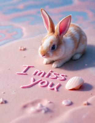 The primary subject of the image is a small, cute bunny rabbit. The setting is a pink surface, possibly a cake or a table, with a heart-shaped message written in pink frosting. The visual style appears to be a digital art or illustration, creating a warm and inviting atmosphere. The colors and mood of the image are predominantly pink, which adds a sense of love and affection to the scene.