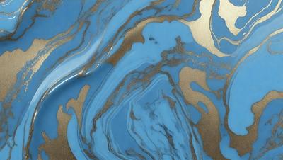 The primary subject of the image is a blue and gold swirling pattern, which appears to be a painting or a digital artwork. The setting is a blue background, and the visual style is a combination of photo and digital art. The dominant colors are blue and gold, creating a vibrant and lively atmosphere.