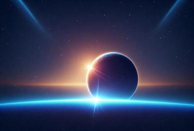 The primary subject of the image is a large, blue planet with a bright sun in the background. The setting is a dark, starry sky, creating a dramatic contrast between the bright sun and the planet. The visual style is a combination of photo and digital art, giving the image a unique and captivating appearance. The dominant colors are blue and orange, with the blue planet and the orange sun creating a striking contrast against the dark, starry sky. The overall atmosphere of the image is one of wonder and awe, as it showcases the beauty and majesty of our solar system.