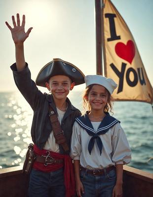 The primary subject of the image is a young boy and a young girl dressed in pirate costumes, standing together and smiling. They are both wearing pirate hats and appear to be enjoying their time on a boat. The setting is a boat on the water, with the ocean visible in the background. The visual style is a photo, capturing the children's joy and the moment they are sharing. The colors and mood of the image are bright and cheerful, reflecting the fun and excitement of their adventure.