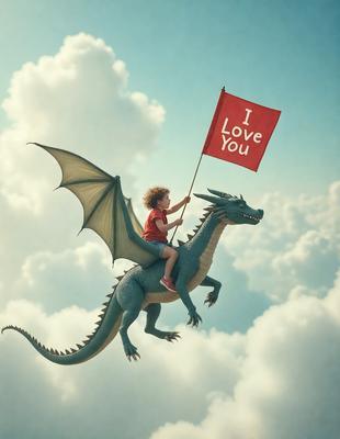Primary subject: A boy riding a dragon.
Setting/background: A cloudy sky.
Visual style: Digital art.
Colors and mood: The image is colorful and has a playful atmosphere.