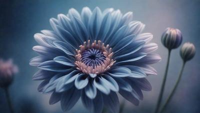 The primary subject of the image is a large, blue flower with a white center. The flower is the main focus of the image, and it is set against a blue background. The visual style of the image is a close-up of the flower, showcasing its details and beauty. The dominant colors in the image are blue and white, creating a calm and serene atmosphere.