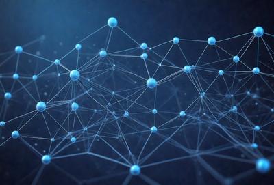The primary subject of the image is a complex network of blue spheres, which are arranged in a three-dimensional structure. The setting is a dark blue background, which contrasts with the bright blue spheres. The visual style is a combination of digital art and illustration, creating a unique and intricate pattern. The colors and mood of the image are predominantly blue, giving it a calm and serene atmosphere.