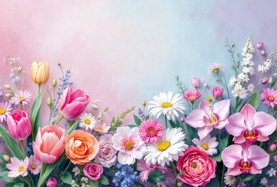 The primary subject of the image is a beautiful bouquet of flowers, featuring a variety of different types of flowers. The setting is a pink and blue background, which adds a vibrant and lively atmosphere to the scene. The visual style of the image is a combination of photo and digital art, creating a realistic yet artistic representation of the flowers. The colors and mood of the image are predominantly pink and blue, evoking a sense of warmth, love, and tranquility.