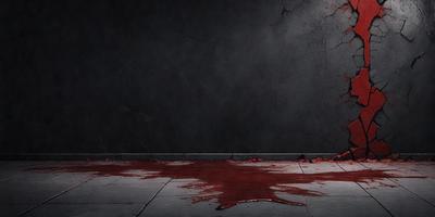The primary subject of the image is a large amount of red liquid, possibly blood, spread across a floor. The setting is a dark room with a black wall, which creates a moody atmosphere. The visual style appears to be a photo, as the red liquid is the main focus of the image. The colors and mood of the scene are dominated by the red liquid, which gives the image a sense of danger or urgency.