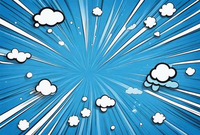 The primary subject of the image is a blue sky filled with clouds. The setting is a bright and sunny day, with the clouds scattered throughout the sky. The visual style is a combination of digital art and illustration, creating a vibrant and dynamic scene. The colors and mood are predominantly blue and sunny, with the clouds adding a touch of whimsy and playfulness to the overall atmosphere.