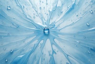 The primary subject of the image is a single drop of water, which is captured in a close-up shot. The setting is a blue background, which adds a sense of depth and contrast to the scene. The visual style is a combination of a photo and digital art, creating a unique and artistic representation of the water drop. The colors and mood of the image are predominantly blue, which gives it a calm and serene atmosphere.