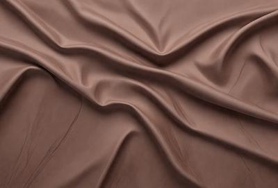 The primary subject of the image is a brown fabric, possibly a piece of silk, with a wrinkled texture. The setting is a close-up view of the fabric, showcasing its intricate pattern and texture. The visual style is a detailed, up-close representation of the fabric, emphasizing its unique features. The colors and mood of the image are warm and earthy, with the brown fabric serving as the main focus.