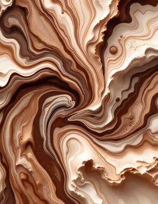The primary subject of the image is a close-up of a chocolate-covered cake with a swirled pattern. The cake is placed on a table, and the setting appears to be a kitchen or dining area. The visual style of the image is a close-up, which emphasizes the details of the cake. The colors and mood of the image are predominantly brown and warm, creating a sense of indulgence and comfort.