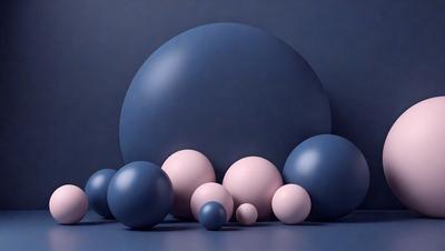 The primary subject of the image is a collection of spherical objects, including a large blue sphere and smaller pink and blue spheres. The setting is a dark blue background, which contrasts with the vibrant colors of the spheres. The visual style appears to be a combination of photo and digital art, as the spheres are arranged in a visually appealing manner. The colors and mood of the image are predominantly dark and moody, with the blue background and the contrasting colors of the spheres creating a