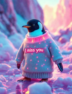 The primary subject of the image is a penguin wearing a sweater with the words "I miss you" written on it. The penguin is standing on a snowy surface, which serves as the setting for the scene. The visual style of the image is a combination of photo and digital art, creating a unique and eye-catching appearance. The colors and mood of the image are predominantly pink and cold, reflecting the wintry atmosphere and the penguin's emotional state.