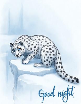 The primary subject of the image is a snow leopard. The setting is a snowy environment, with the leopard standing on a rock. The visual style is an illustration or drawing, with the leopard depicted in a detailed and artistic manner. The colors and mood of the image are predominantly blue and cold, reflecting the wintry atmosphere.