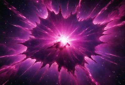 The primary subject of the image is a bright, pink, and purple explosion, which appears to be a nebula or a starburst. The setting is a dark, starry background, which contrasts with the bright colors of the explosion. The visual style of the image is a combination of digital art and illustration, creating a dynamic and vibrant scene. The colors and mood of the image are energetic and lively, with the bright pink and purple hues evoking a sense