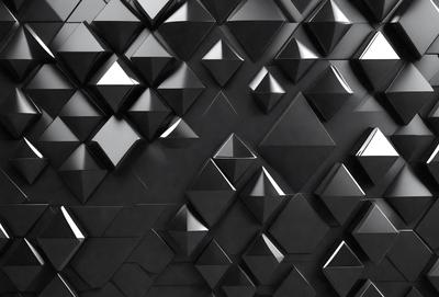 The primary subject of the image is a black wall with a pattern of triangles. The setting is a black background, and the visual style appears to be a digital art or illustration. The dominant colors are black and white, creating a bold and striking appearance. The overall atmosphere is modern and minimalistic.