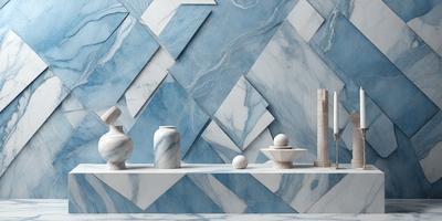 The primary subject of the image is a collection of white vases and bowls arranged on a table. The setting is a room with a blue and white marble wall, which serves as the backdrop for the display. The visual style is a combination of photo and digital art, creating a realistic yet artistic representation of the vases and bowls. The colors and mood of the image are predominantly white and blue, giving it a clean and elegant appearance.