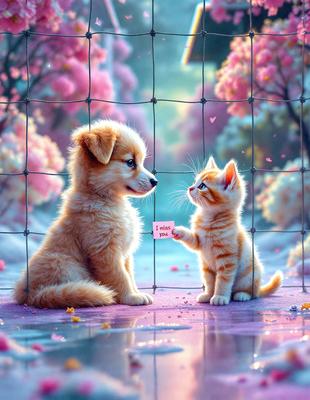 The primary subject of the image is a small orange kitten and a large brown dog standing next to each other. The setting is a pink and purple background, which adds a whimsical and playful atmosphere to the scene. The visual style is a digital art or illustration, creating a vibrant and lively scene. The colors and mood of the image are predominantly pink and purple, giving it a warm and inviting feel.