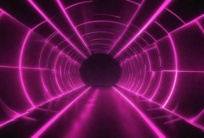 The primary subject of the image is a tunnel with a pink lighting effect. The tunnel appears to be a part of a futuristic setting, possibly a space station or a futuristic city. The visual style of the image is a combination of photo and digital art, creating a unique and captivating atmosphere. The dominant colors in the image are pink and purple, which contribute to the futuristic and surreal mood of the scene.