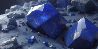 The primary subject of the image is a large, blue, crystal-like rock. The rock is sitting on a surface with a blue background, which adds to the overall mood of the scene. The visual style of the image is a combination of photo and digital art, creating a unique and eye-catching representation of the blue rock. The colors and mood of the image are predominantly blue, giving it a serene and calming atmosphere.
