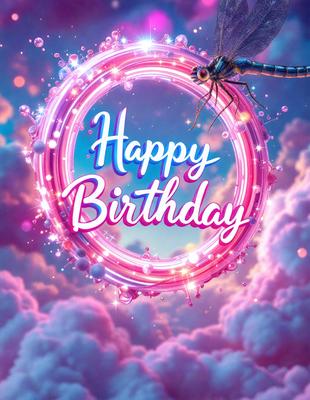Happy Birthday: [The main object, scene, or focus of the image is a pink circle with the words "Happy Birthday" written on it. The setting is a cloudy sky, and the visual style is digital art. The dominant colors are pink and blue, creating a warm and celebratory atmosphere.]
