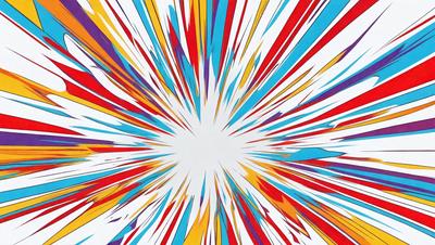 The primary subject of the image is a colorful, abstract explosion of colors. The setting is a white background, which contrasts with the vibrant colors of the explosion. The visual style is a combination of digital art and illustration, creating a dynamic and eye-catching design. The dominant colors are red, blue, yellow, and green, which together create a lively and energetic atmosphere.