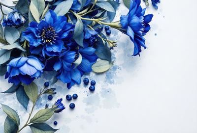 The primary subject of the image is a bouquet of blue flowers, which are the main focus of the scene. The flowers are arranged in a visually appealing manner, creating a sense of beauty and tranquility. The setting is a white background, which provides a clean and minimalist backdrop for the flowers. The visual style of the image is a close-up of the flowers, allowing the viewer to appreciate the details and colors of the bouquet. The dominant colors in the image are blue, which is the color of the