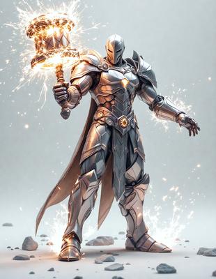 The primary subject of the image is a silver robot or a character with a silver suit, holding a glowing hammer. The setting is a white background, which provides a clean and minimalistic environment for the character. The visual style appears to be a digital art or illustration, as the character is depicted in a detailed and intricate manner. The colors and mood of the image are predominantly silver and metallic, giving the character a futuristic and powerful appearance.