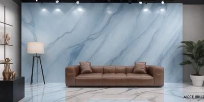 The primary subject of the image is a brown leather couch, which is the main object in the scene. The couch is placed against a wall with a marble texture, creating a sophisticated and elegant atmosphere. The setting is a room with a clean and minimalist design, which further emphasizes the couch as the focal point of the space. The visual style of the image is a realistic photograph, capturing the couch and its surroundings in detail. The colors and mood of the image are