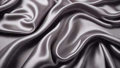 The primary subject of the image is a close-up of a piece of fabric, likely silk, with a grayish-blue color. The setting is a dark background, which emphasizes the fabric's texture and pattern. The visual style appears to be a photo, capturing the intricate details of the fabric. The colors and mood of the image are dark and moody, creating a sense of depth and sophistication.