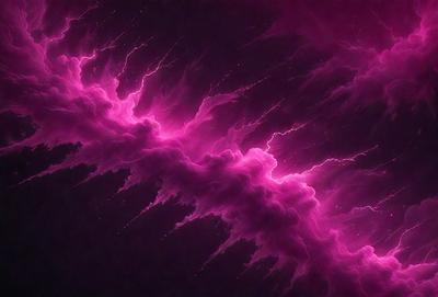 The primary subject of the image is a purple cloud with pink lightning streaks. The cloud is set against a dark background, creating a dramatic and moody atmosphere. The visual style of the image is a combination of photo and digital art, as it appears to be a photo with a digital artistic touch. The dominant colors in the image are purple and pink, with the lightning streaks adding a contrasting white element.