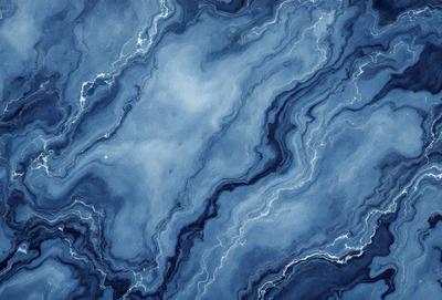 The primary subject of the image is a blue and white marble-like pattern. The setting is a blue background, which creates a striking contrast with the pattern. The visual style is a combination of a photo and digital art, as it appears to be a close-up of the marble pattern. The colors and mood of the image are predominantly blue and white, giving it a clean and elegant appearance.