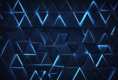 The primary subject of the image is a blue wall with a pattern of triangles. The setting is a dark room, and the visual style appears to be a digital art or illustration. The dominant colors are blue and black, creating a moody atmosphere.