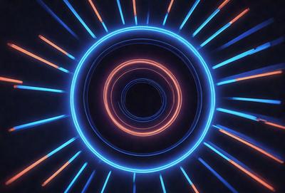 The primary subject of the image is a blue and orange circle, which appears to be a neon light or a brightly colored pattern. The setting is a dark background, which contrasts with the vibrant colors of the circle. The visual style is a combination of digital art and illustration, creating a unique and eye-catching design. The colors and mood of the image are energetic and lively, with the blue and orange hues evoking a sense of excitement and movement.
