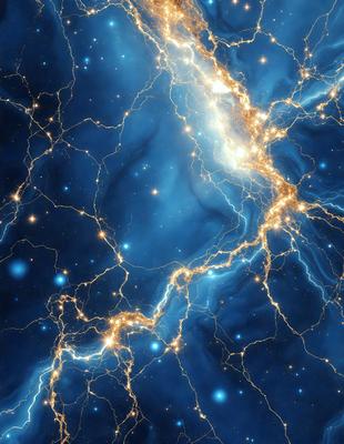 The primary subject of the image is a blue nebula with a network of bright, glowing lines. The setting is a dark, starry sky, and the visual style is a combination of a photo and digital art. The colors and mood of the image are predominantly blue and serene, creating a sense of wonder and exploration.